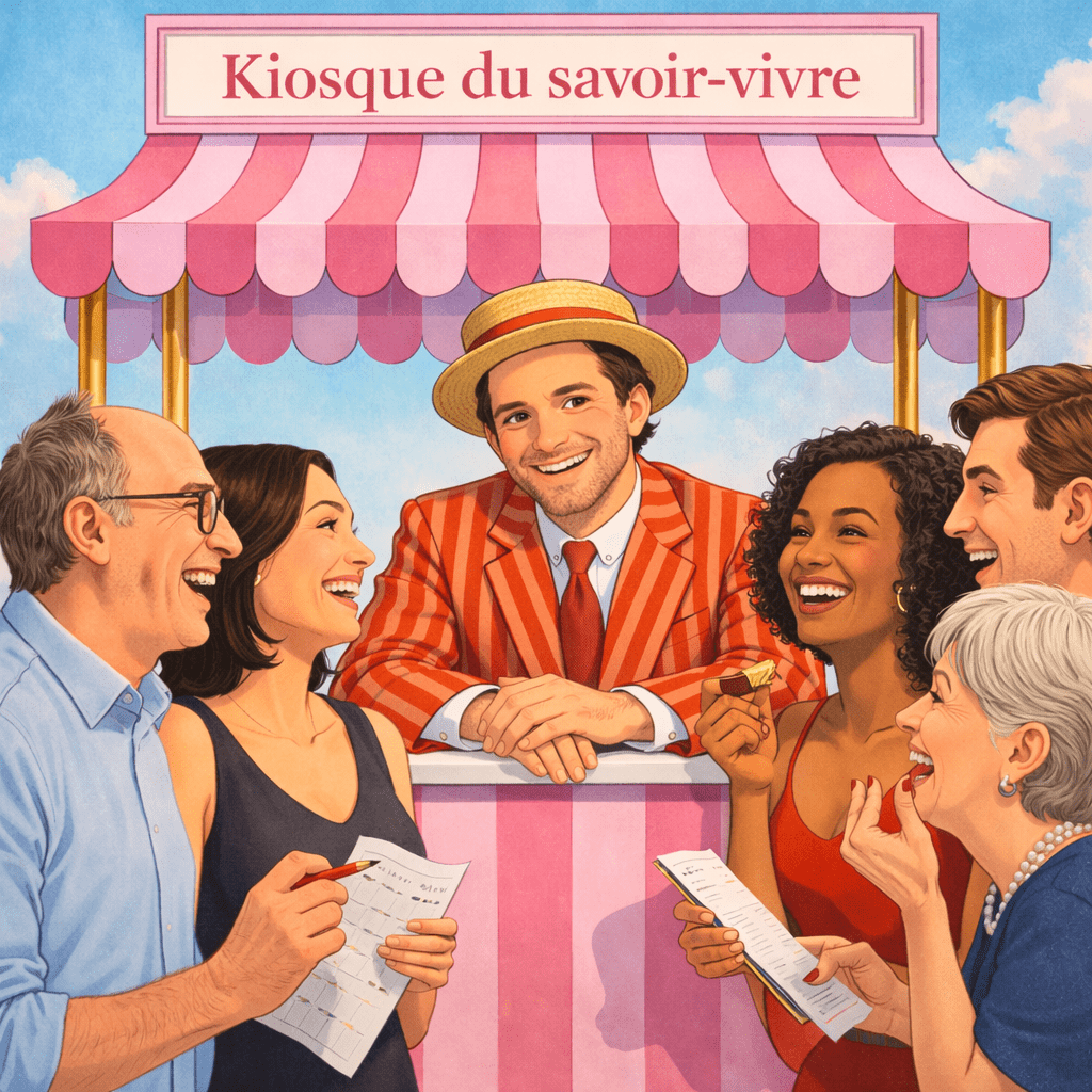 Le **Kiosque du savoir-vivre** est une animation ludique et décalée pour cocktails et soirées : quiz, art de la table et défis élégants dans une ambiance joyeuse façon *American in Paris*.